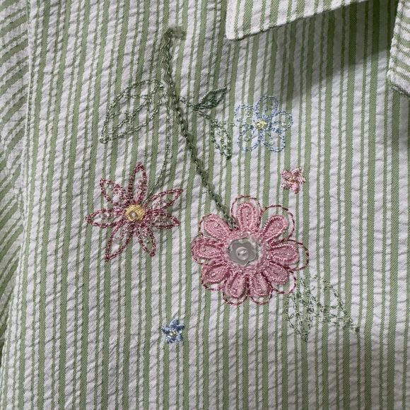 ALFRED DUNNER Womens Size 14P Seersucker Floral Embroidery Button Up Top Green - Picture 5 of 14